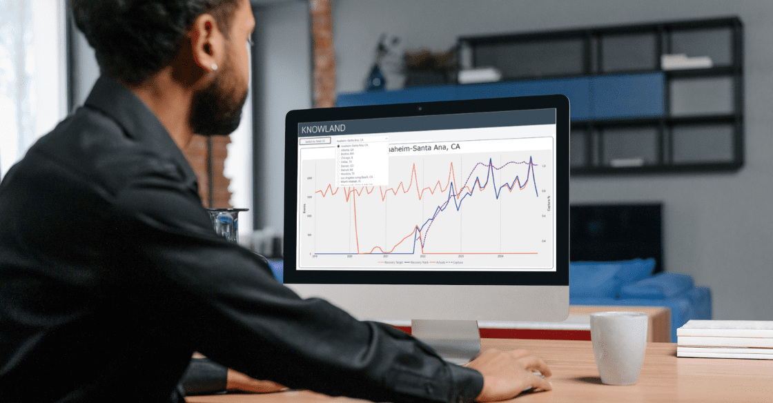 Salesperson monitors hospitality market trends.