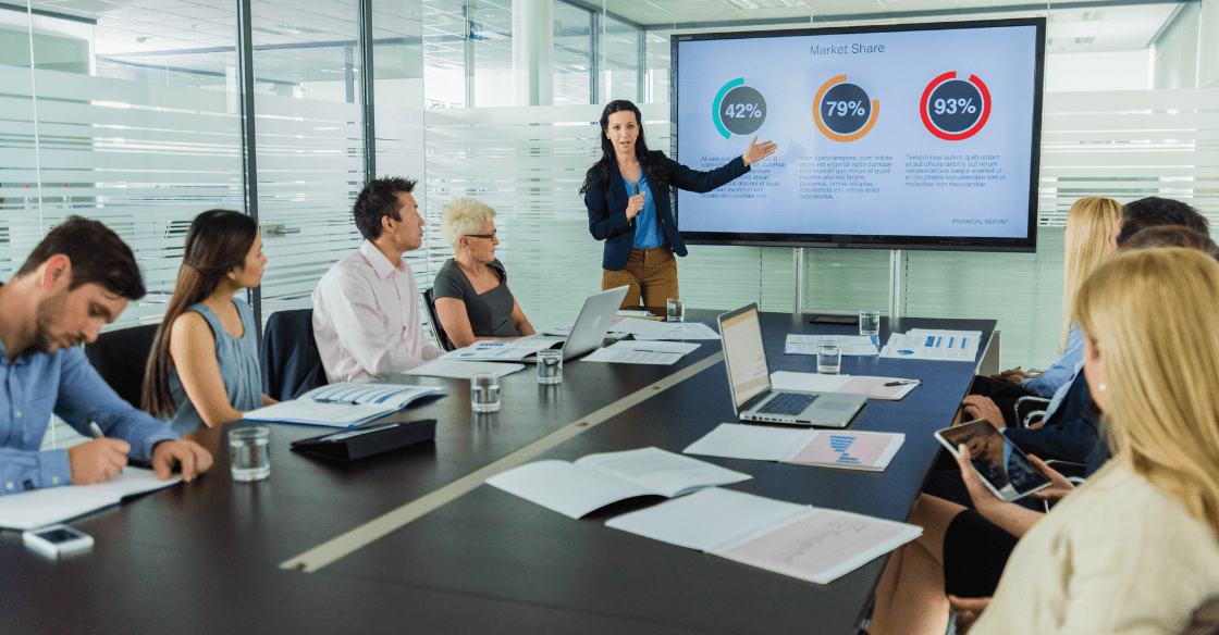 Woman presents market share data